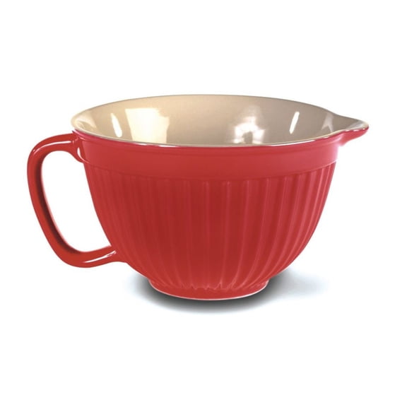 Omniware Simsbury Batter Bowl - 2 Quart Stoneware Mixing Bowl with Handle & Pour Spout - Microwave, Oven, Freezer, Dishwasher Safe - Food Safe Bakeware (Red)