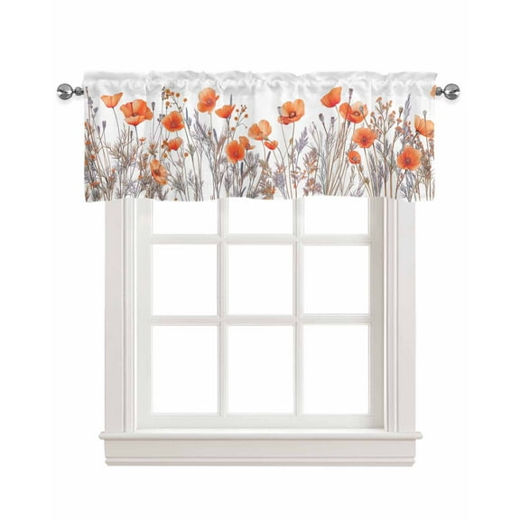 Orange Flower Linen Curtain Valance for Bedroom/Bathroom/Kitchen/Office/Living/Dining Room Window,Pastel Botanical Floral Leav Herb Pocket Topper Drapes Decorative Cafe Drapery Panel 54"x18"