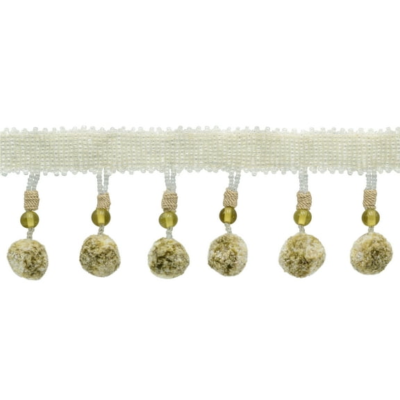 3" (7.5cm) Marrakesh Collection Glass Beaded Tassel Fringe Trim with Pompom Ball # PPFRWB,, Bone Ivory #VL06 (White Ivory, Cream Ivory, Light Beige) 12 Yards (36 ft/11m)