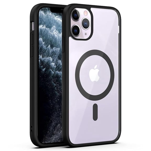 Magnetic Case Compatible with iPhone 11 Pro Max, Crystal Clear Back with Black TPU Bumper, Shockproof Protective Cover, Built-in Magnetic Ring, Camera Guard, Wireless Charging Compatible