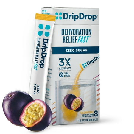 DripDrop Zero Sugar Electrolyte Powder Drink Mix for Dehydration Relief Fast, Passion Fruit, 0.16 oz, 8 Count Packets