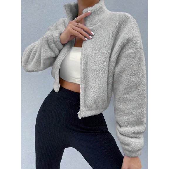 Womens Grey Fleece Zip Up Jacket Drop Shoulder Cropped Winter Outerwear