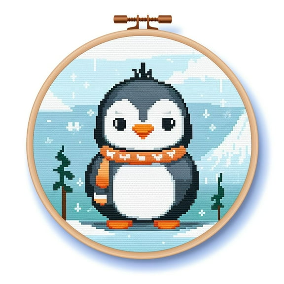Cartoon Simple Penguin 11CT Stamped Cross Stitch Kits Easy for Beginners Child with Hoop DIY Needlepoint Counted Embroidery Kits Art Craft Wall Decor 12x12IN(6)