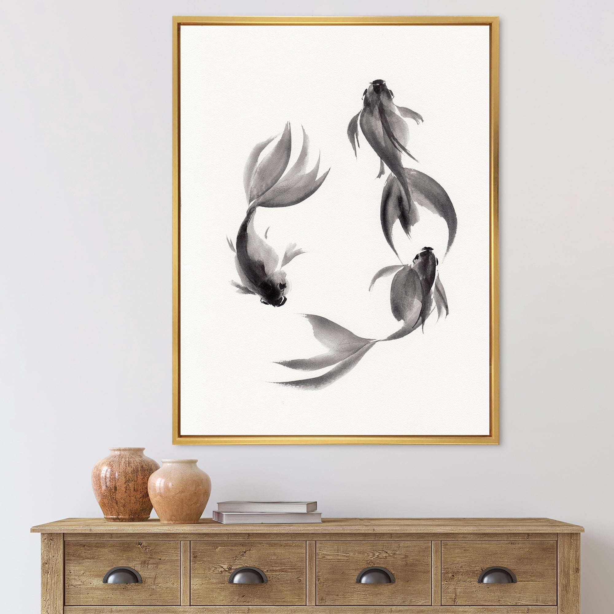 Black and White Vintage Fish III 12 in x 20 in Framed Painting Canvas Art Print, by Designart