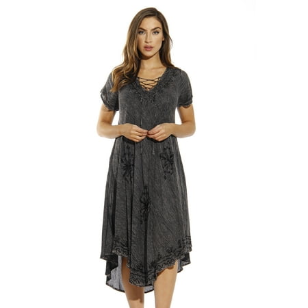 - Riviera Sun Lace Up Acid Wash Embroidered Dress Short Sleeve Dresses for Women