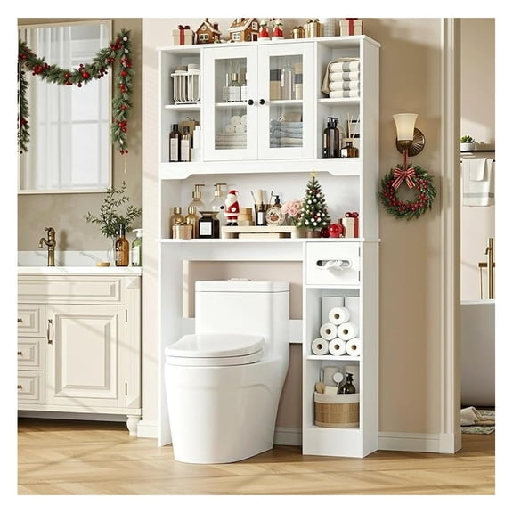 Over The Toilet Storage Cabinet, Over Toilet Bathroom Organizer with 2 Glass Doors & Paper Holder, Bathroom Shelves Over Toilet with Adjustable Shelves for Restroom and Laundry Room, White
