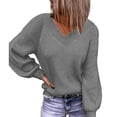 thumbnail image 3 of Suéter de manga larga para mujer, informal, suelto, con cuello en V, mangas de burbuja de Color puro, suéter de punto para otoño e invierno, gris L, 3 of 6