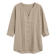 thumbnail image 5 of 3/4 Length Sleeve Womens Tops Cotton Linen V Neck Button Up Pleated Relaxed Fit Dressy Casual Office Work T Shirts, 5 of 5
