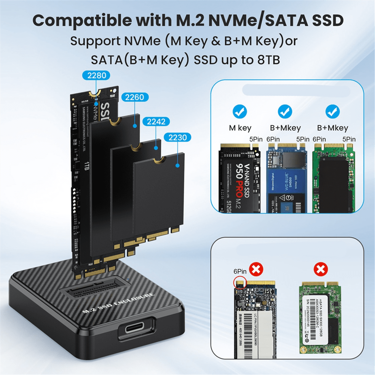 M.2 NVMe &SATA to USB C Docking Station Dual Protocol Adapter 10Gbps External SSD Enclosure with 2in1