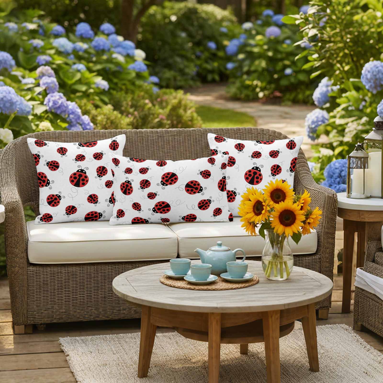 Outdoor Throw Pillows Covers 16x16inx2 Set Of 2 Waterproof Red Ladybug Decorative Zippered Cushion Covers for Patio Furniture, Red Black Polka Dot Lumbar Pillowcases,