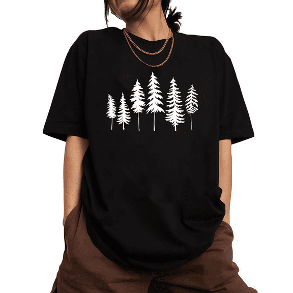 Women's Round Neck Printed Cotton T Shirt Graphic Tees Top Black White Pine Tree Casual Loose T Shirt Black S-5XL