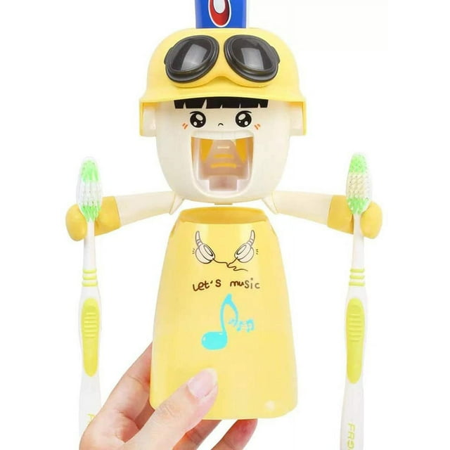 Soportes para cepillos de dientes para niños con taza, lindos dispensadores de pasta de dientes con manos libres Estuche exprimidor automático de pasta de dientes con dibujos animados para niños, kit de baño montado en la pared fácil de limpiar Ormromra ZJWJ674-4