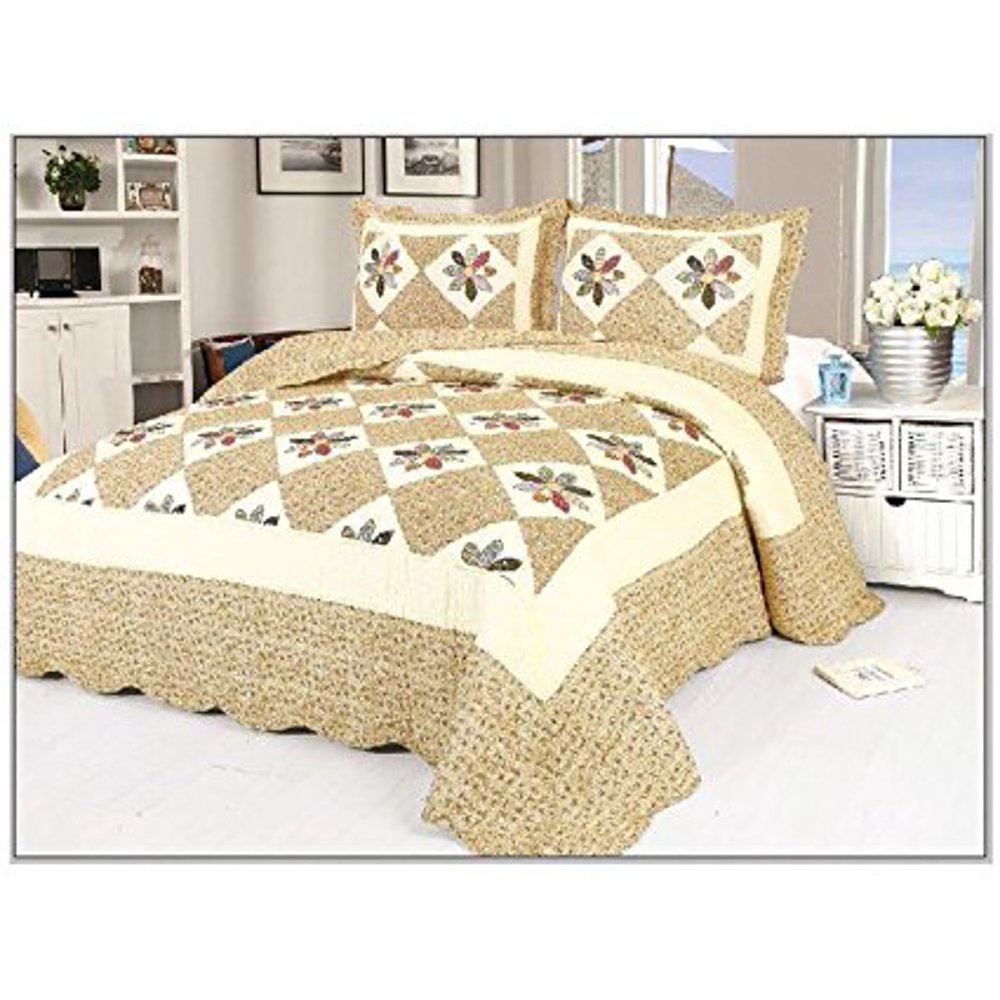 3 Piece 100 Cotton Quilt Set Printed Quilted Bedspread Queen Gold 9251