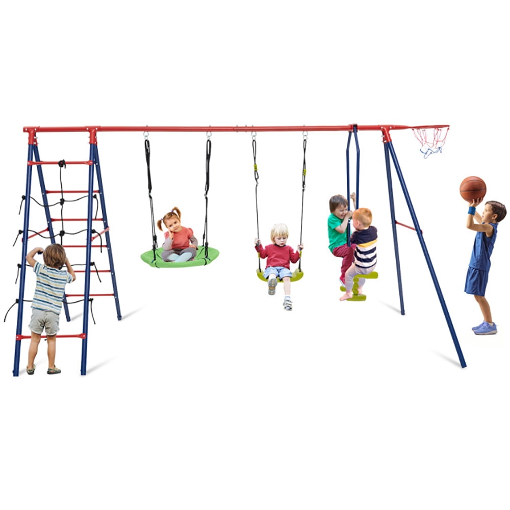Spaco 550 LBS 6-in-1 Patio Kids Swing Set with Climbing Net and Ladder, Swing Set Outdoor for Kids, Kids Playground for Backyard, Red