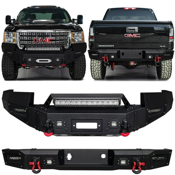 Vijay Compatible with 2011-2012-2013-2014 GMC Sierra 2500/3500 Front and Rear Bumper Textured Black Steel with Lights and D-rings