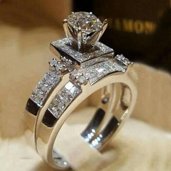 Women Silver Round Cut Simulation Diamond Wedding Rings Set Proposal Engagement Wedding Ring