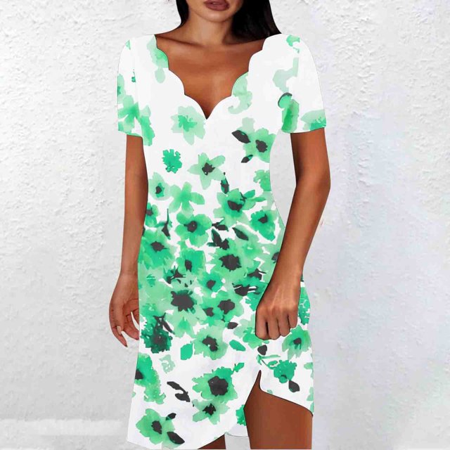 Robe d'Été Décontractée pour Femmes, Robe à Manches Courtes pour Femmes, Mode Féminine Couleur Unie Robe Mi-Mollet à Manches Courtes Col en V