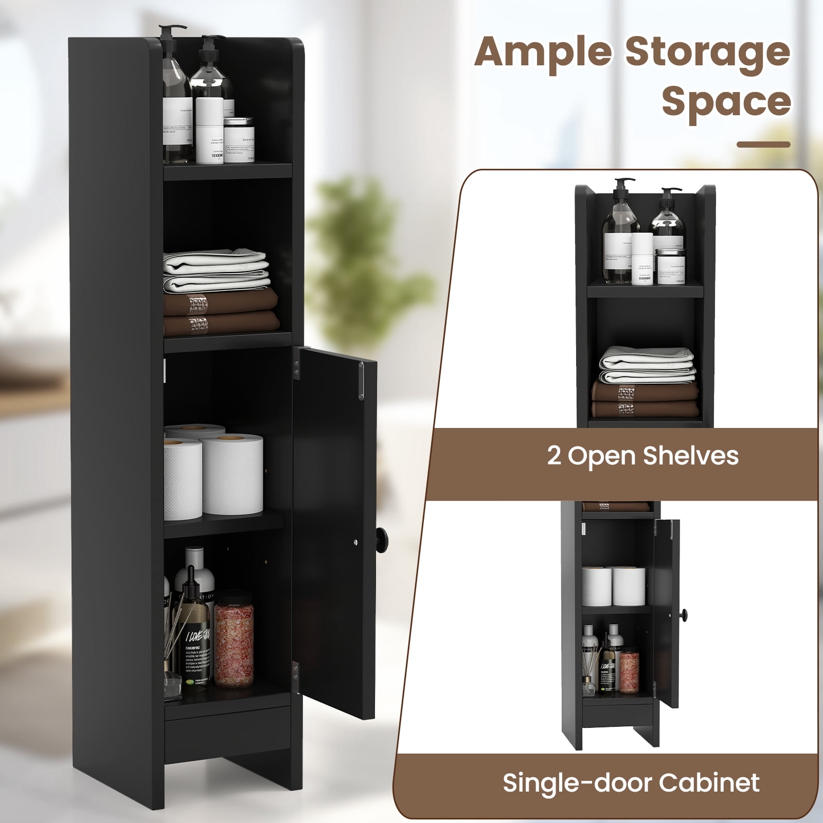 Giantex Slim Corner Bathroom Cabinet, Narrow Floor Cabinet w/ 3-Level Adjustable Shelf, Freestanding Storage Organizer, Black