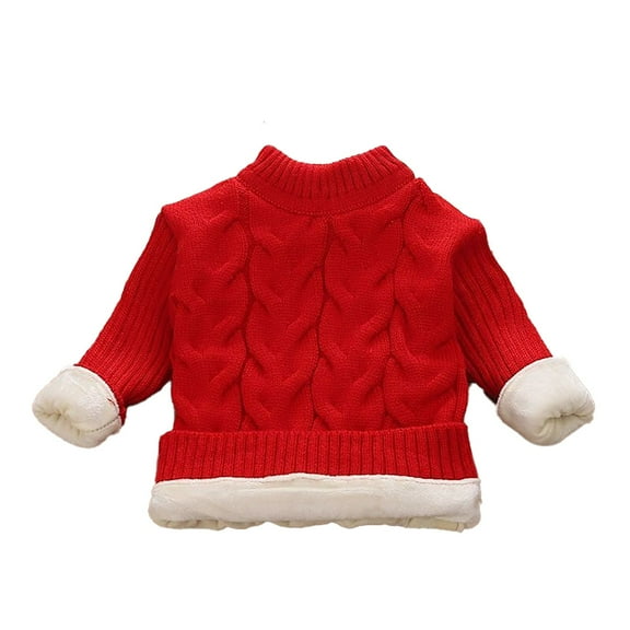 LYHaoo Girls Cable Knit Pullover Sweaters Crewneck Long Sleeve Warm Fuzzy Lined Sweaters for Kids 1-2 Years(Red)