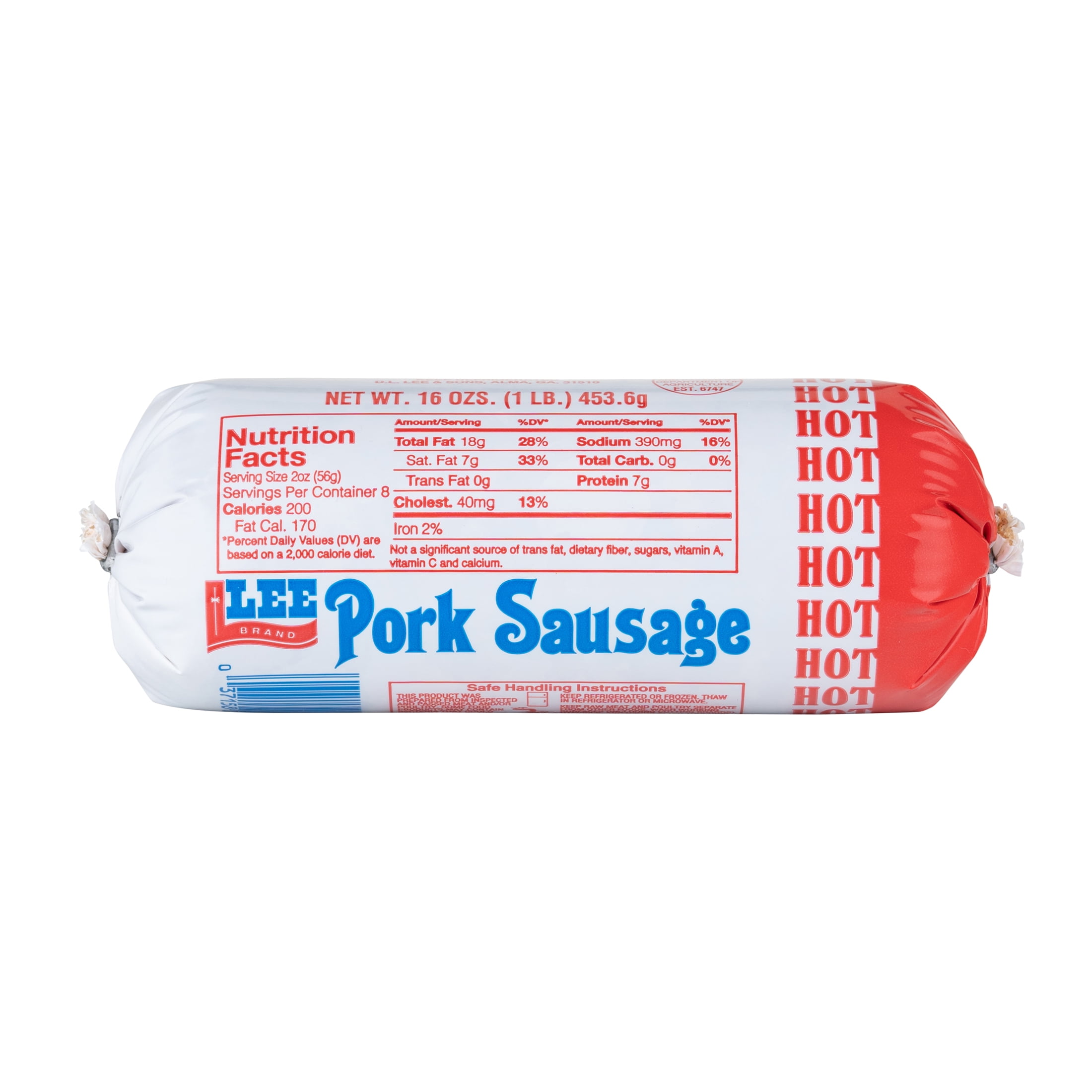 D.L. Lee & Sons Hot Pork Sausage, 16 oz - Fresh, Spicy, Ready-to-Cook in Plastic Tube Packaging