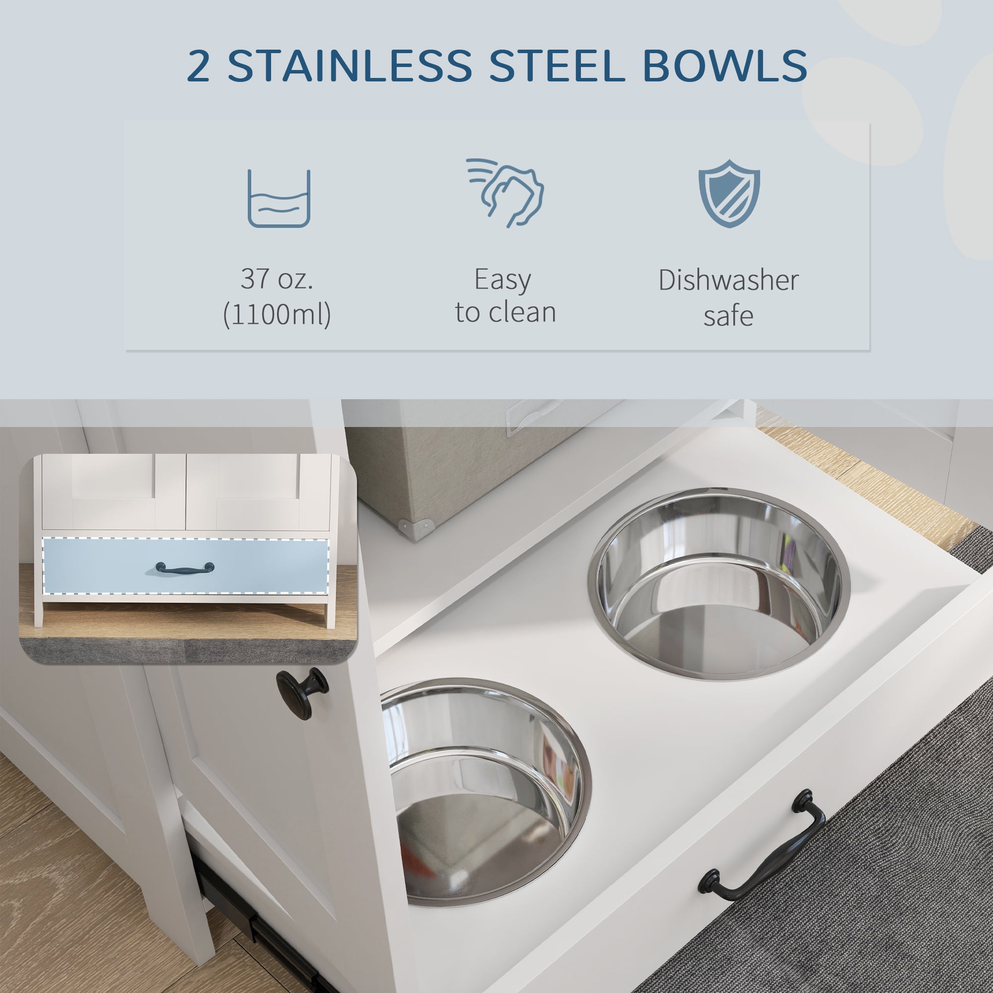 Dog Bed PawHut Dog Feeding Station, Dog Food Storage Cabinet with Hidden Dog Bowls, Adjustable Panel, Hooks for Medium Sized Dogs, White,Large Dog Bed