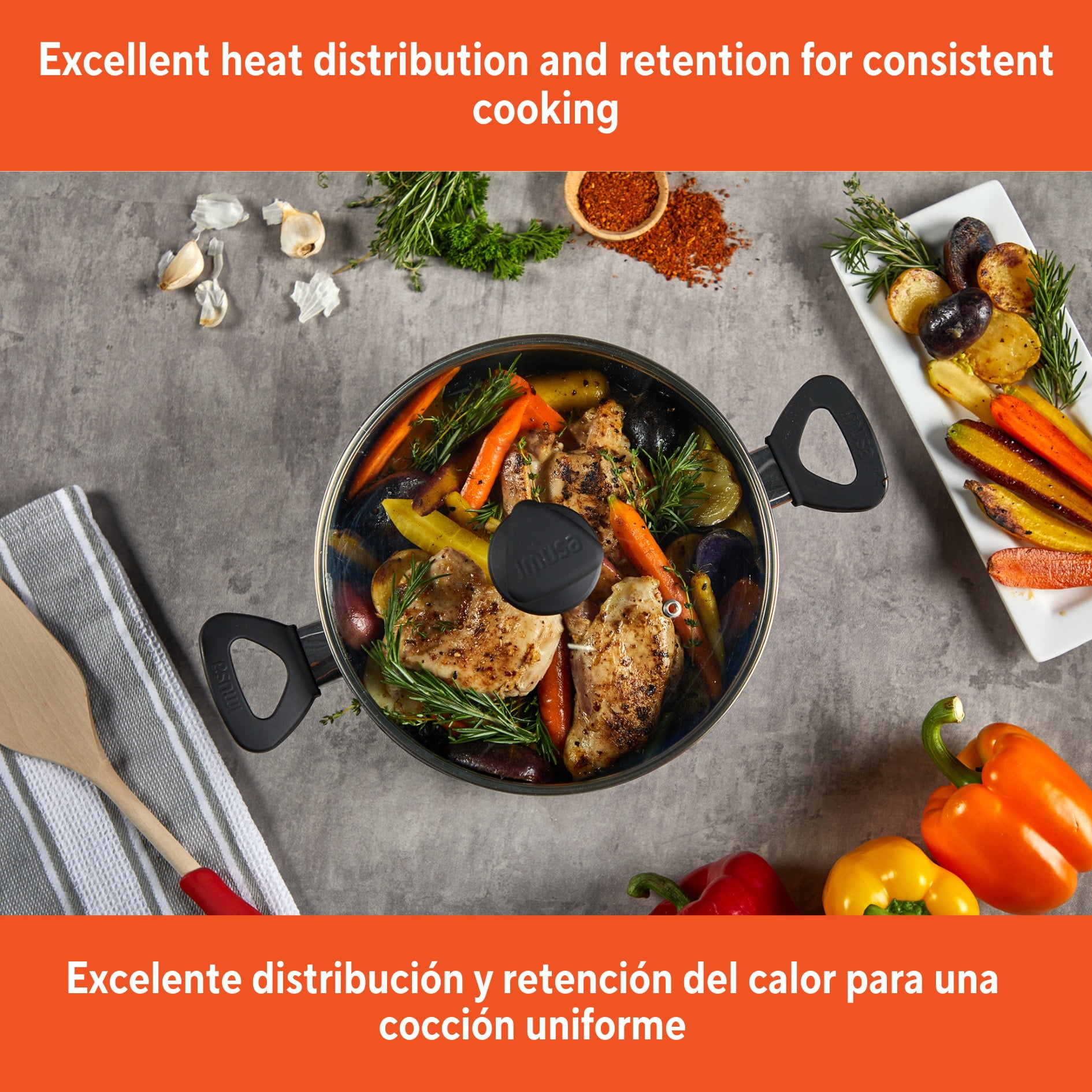IMUSA 4.8qt Charcoal Aluminum Nonstick Stock Pot with Glass Lid & Soft touch Handles, Black