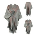 thumbnail image 2 of Xfvqtps Women Cape with Hole Mixed Colors Stripe Large Size Open Front Tassel Hem Plush Pompom Classical Warm Loose Windproof Coldproof Warm Winter Shawl Wraps Gray, 2 of 6