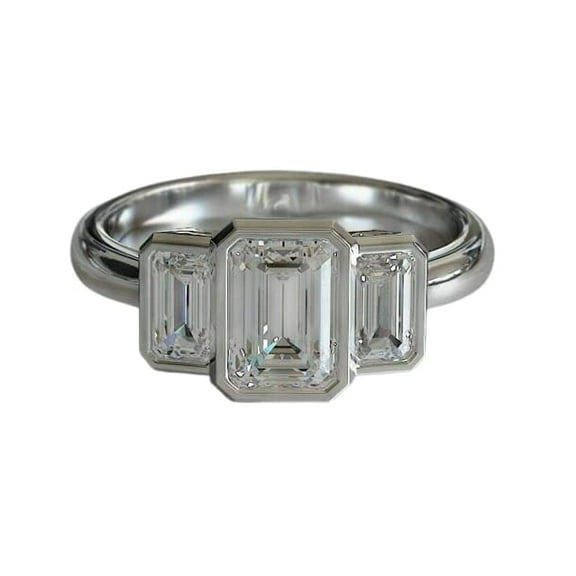 HeartsAndYou 2ct Emerald Cut Moissanite Engagement Ring for Women Trilogy Bezel Set 18k White Gold over Silver