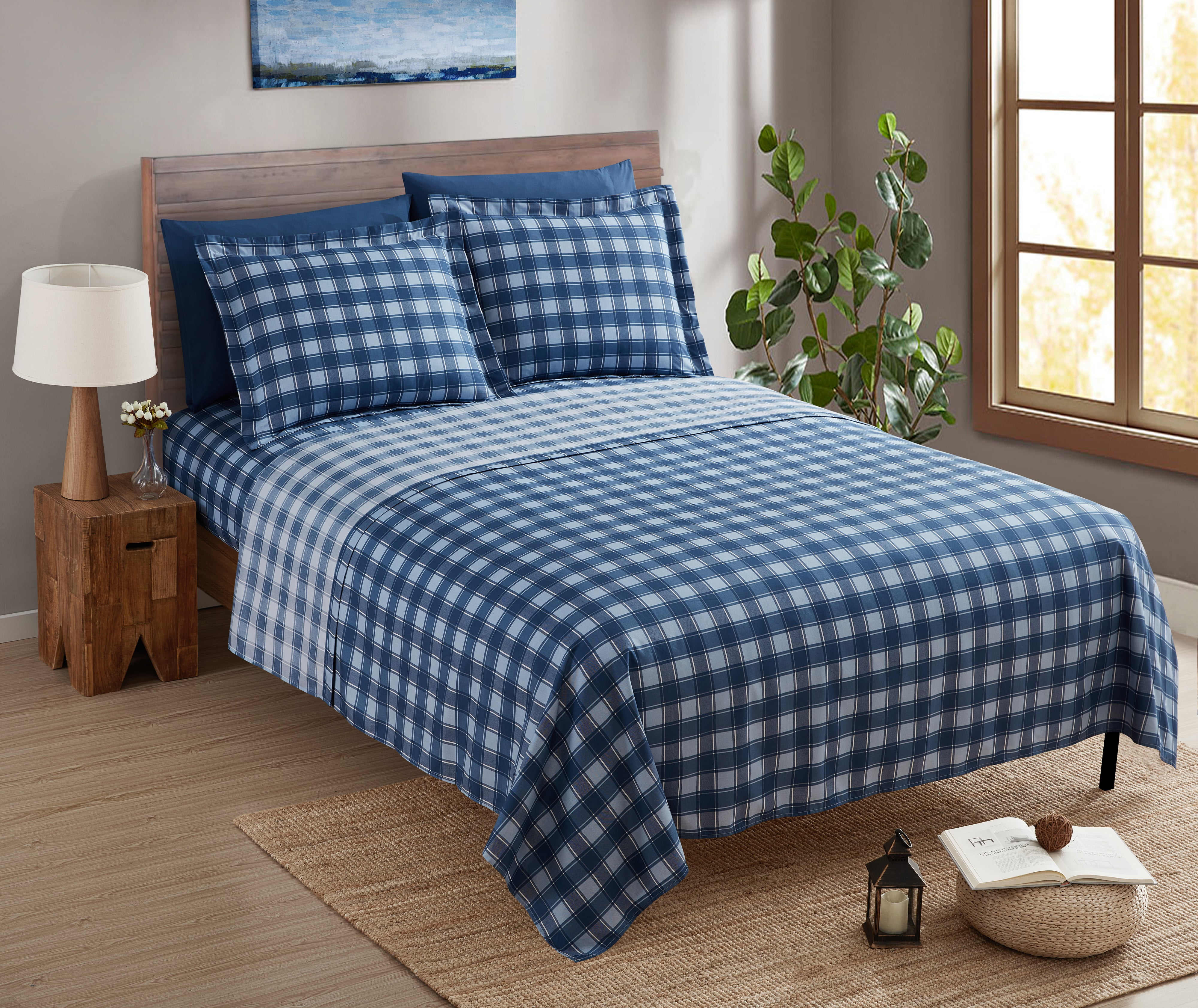 Clara Clark Printed Twin Sheet Set - Shrinkage and Fade Resistant- 6 Piece Soft Deep Pocket Bed Sheets - 1 Fitted Sheet, 1 Flat Sheet, 1 Pillowcases and 1 Pillow Shams - Twin, Checker Blue