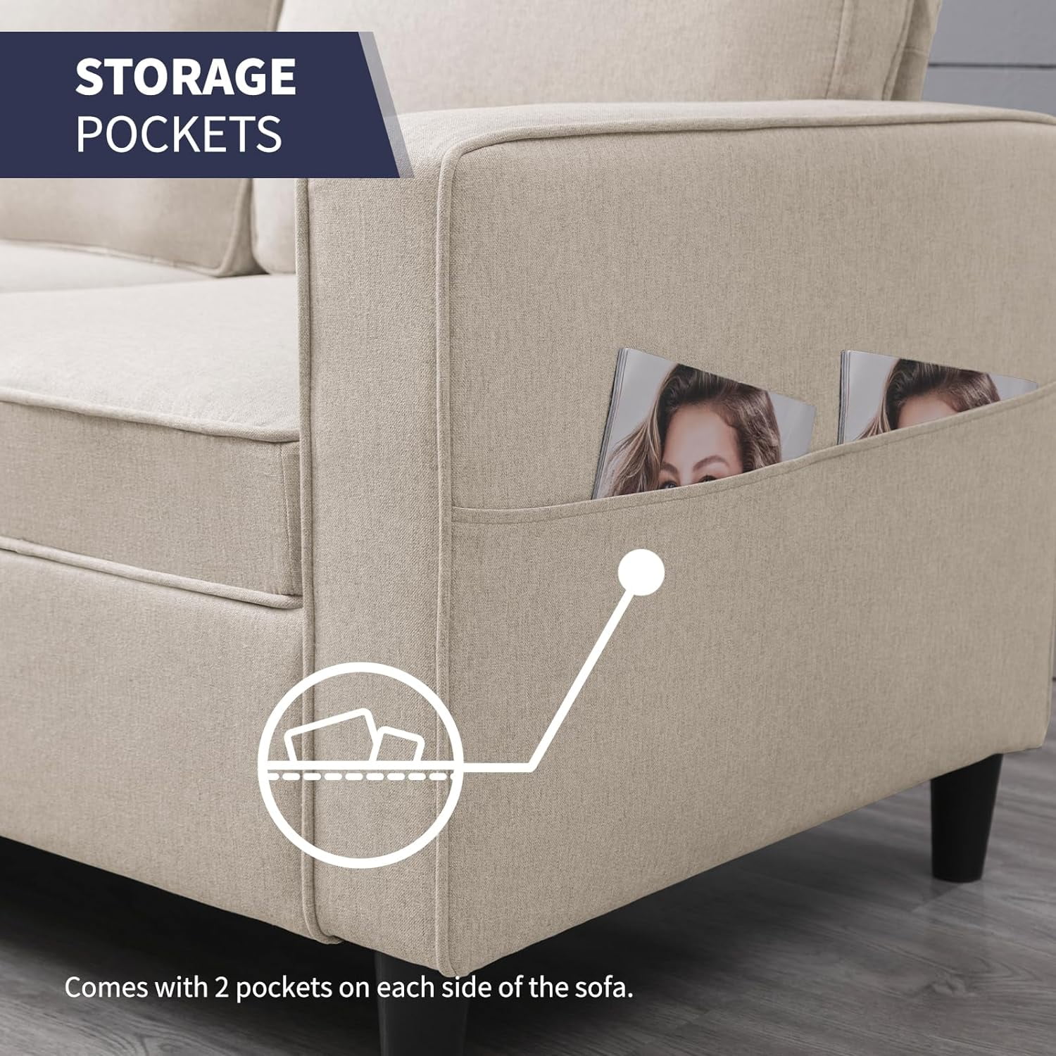 ijuicy Sectional Sofa Set,2PCS Living Room Furniture Couch Sets with Movable Storage Ottoman & Side Pockets,Include Sofa,Chair,Beige