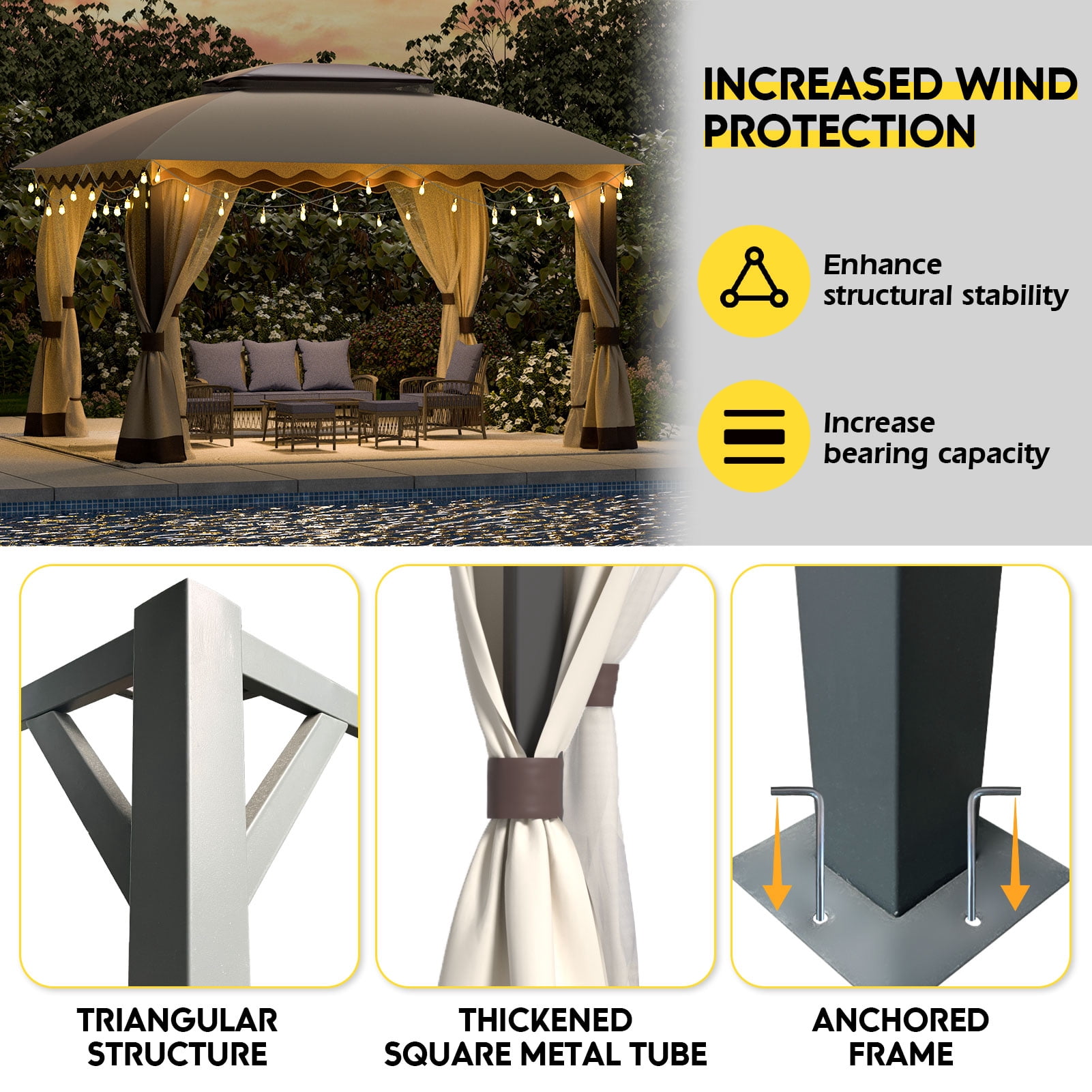 YIKEMA 10×13 Heavy Duty Outdoor Gazebo with Mosquito Netting & Double Roof, Khaki