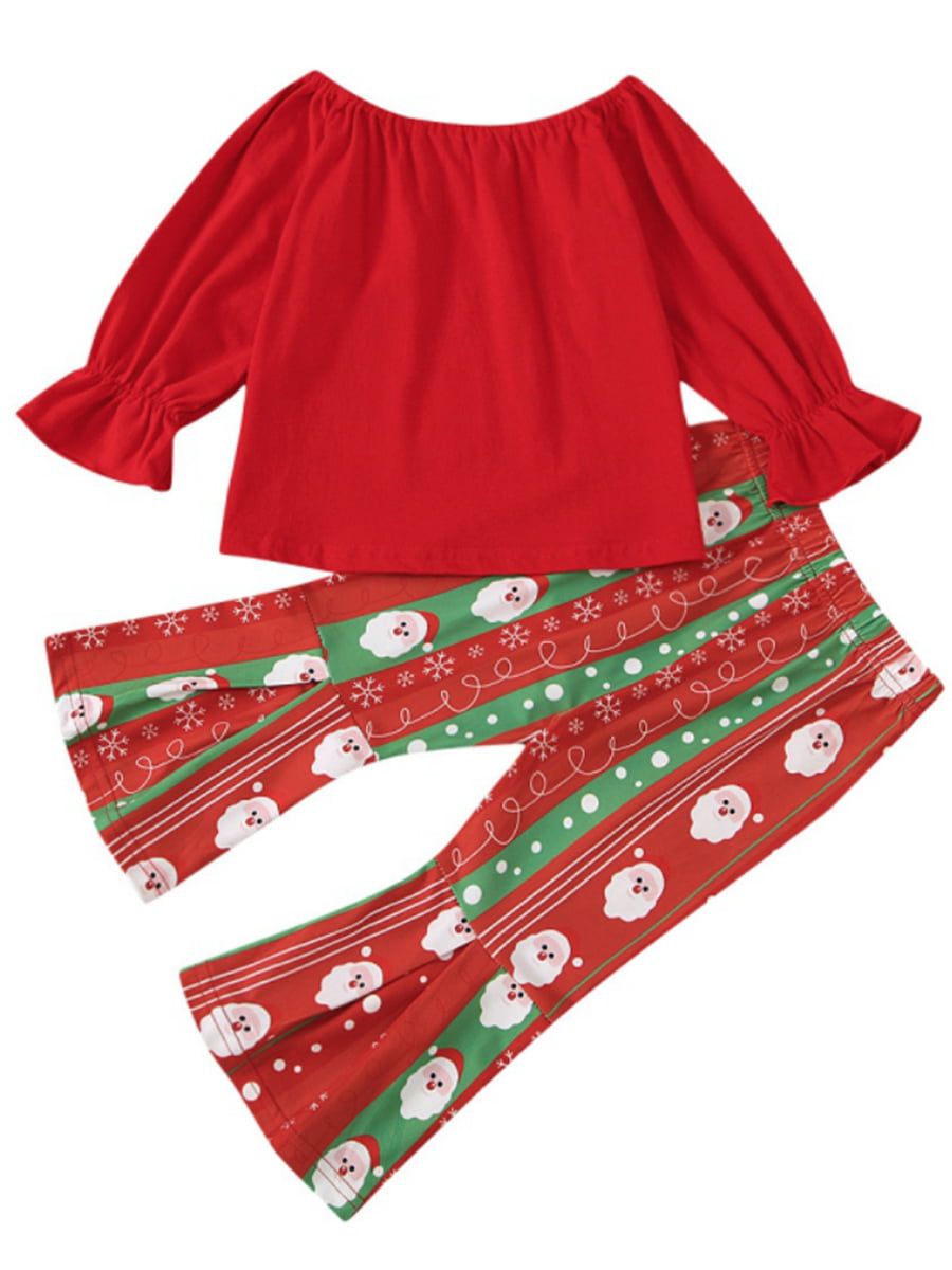Toddler Baby Girls Christmas Cartoon Santa Leopard Print Top+Flare Pants Outfits