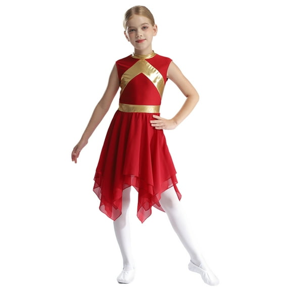 TTAO Kids Girls Sleeveless Metallic Patchwork Praise Lyrical Dance Dress Worship Liturgical Church Tunic Robe Burgundy 12
