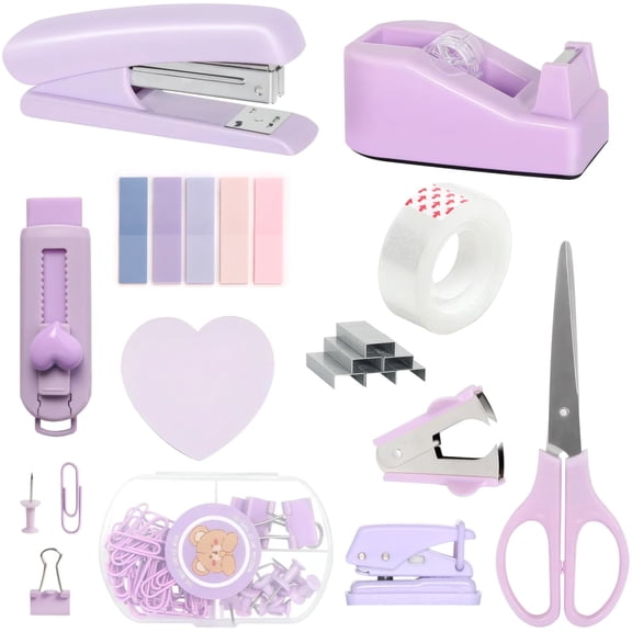 Purple Office Supplies, Purple Desk Accessories Set for Office, Includes Stapler, Tape Dispenser, Scissors, Paper Clips, Puncher, Notes, Small Organizer, Desk Organization Decoration