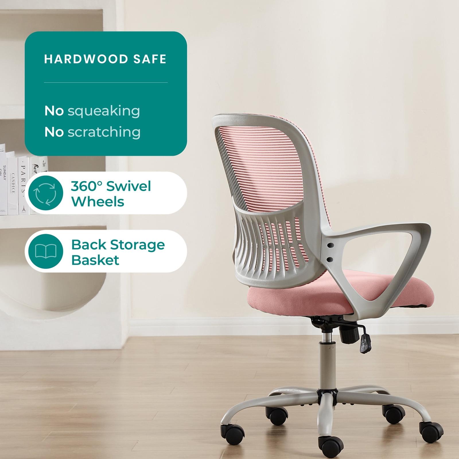 LIFERECORD Office Desk Chair Mesh Ergonomic Computer Gaming Chair Mid Back Chair with Comfy Lumbar Support Adjustable Height Swivel for Home Task, Pink