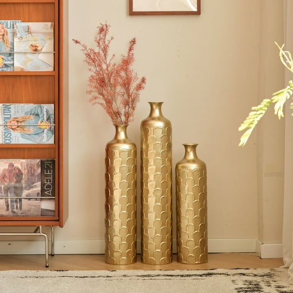 Handcrafted Metal Floor Vase with Golden Scales, Large Flower Vase(Set Of 3)