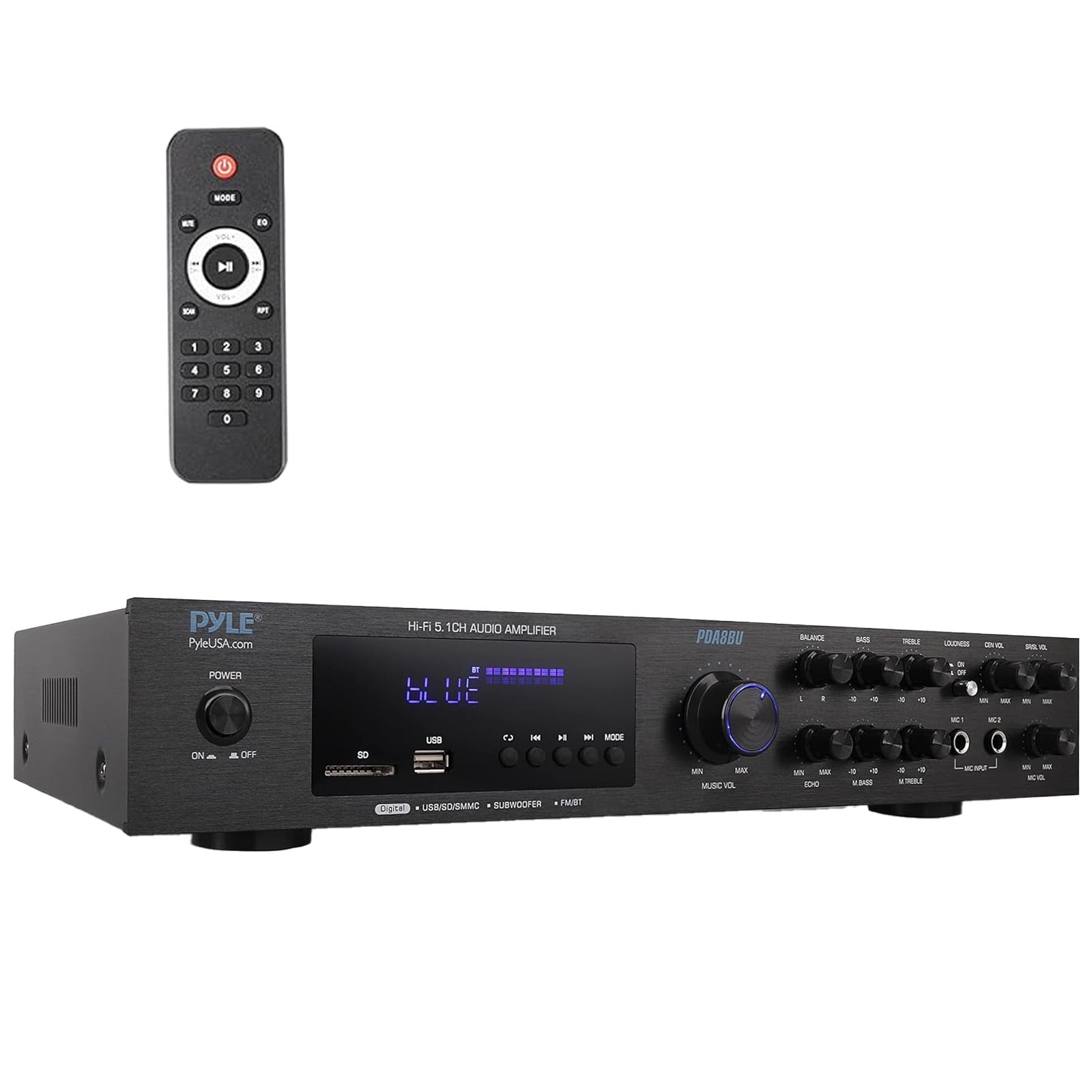 Pyle PDA8BU 5.1 Channel Bluetooth USB/AUX MP3 Player SD/FM Radio Home Audio Receiver with Remote Control, 4x 6.5” 240W Max Power 2-Way HiFi Home Theater Bookshelf White Speakers, Wire, Banana Plugs