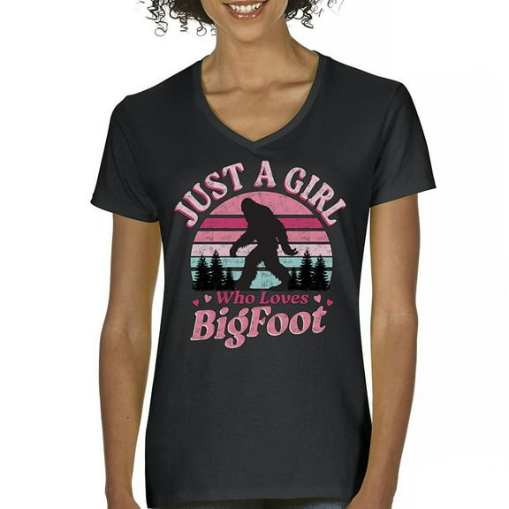 Just a Girl Who Loves Bigfoot Women's V-Neck T-shirt Sasquatch Fan Cryptid Cute Gift Vintage Sunset Wildlife Camping Tee