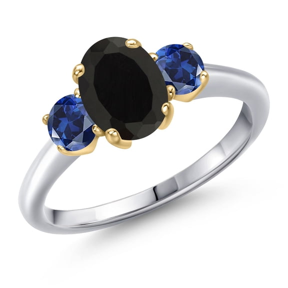 Gem Stone King 925 Silver and 10K Yellow Gold Black Onyx and Blue Created Sapphire Engagement Ring for Women | 2.10 Cttw | Oval 8X6MM | Gemstone December Birthstone | Size 6