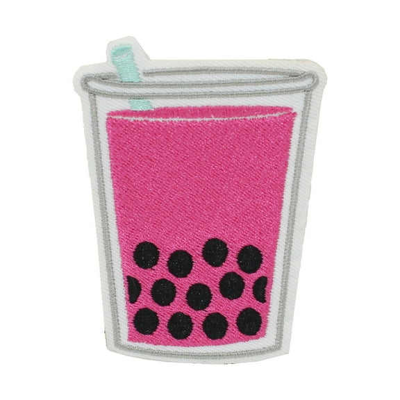 Gwen Studios Embroidered Pink Bubble Tea Iron-on Patch Applique, 2.3" x 3.2"