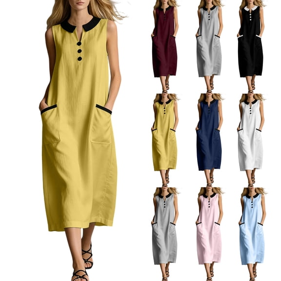 Women's Dresses Tank Sundress 2026 Women's Casual Crew-Neck Multi-Color Pocket Sleeveless Dress Yellow L