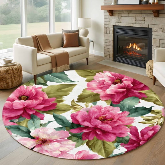 Round Rugs 5Ft, Pink Floral Round Area Rug Washable Indoor Throw Carpet, Watercolor Flowers Leaves Plants Watercolor Soft Non Slip Circle Rug for Cabinet Bathroom Home Decor Aesthetic