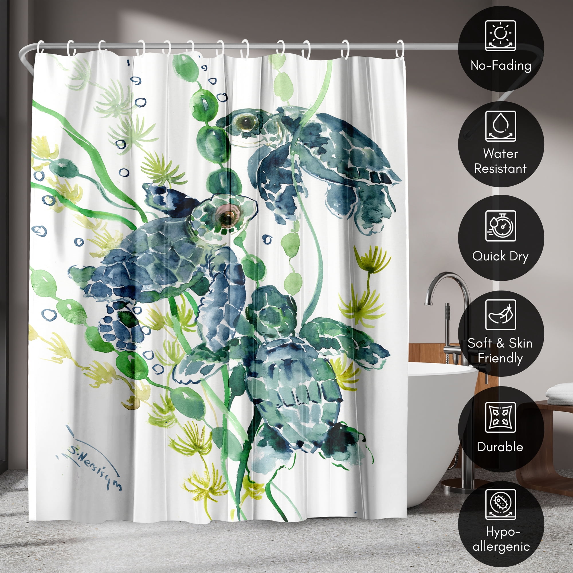 Americanflat 71" x 74" Shower Curtain, Three Sea Turtles by Suren Nersisyan