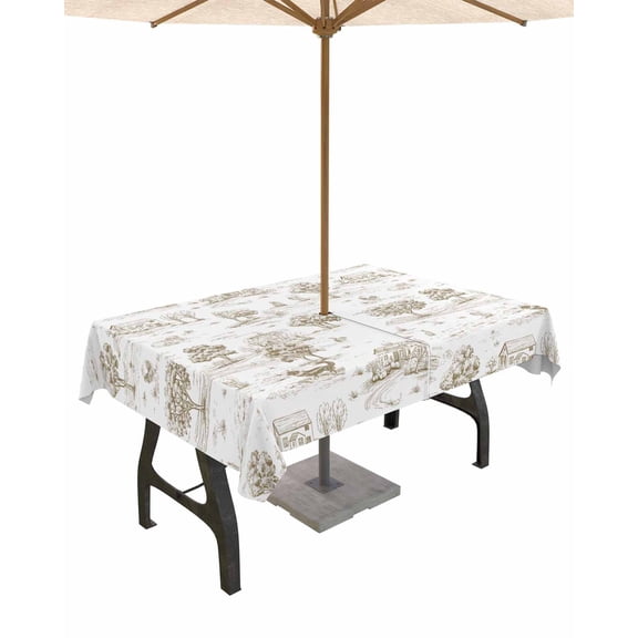 Fsddascl Beige Country Outdoor Tablecloth - 60x84 Inch Rectangle Dining Table Cover, Farmhouse Rustic Tree Animals Abstract Waterproof Outdoor Table Cloth with Umbrella Hole & Zipper for Patio