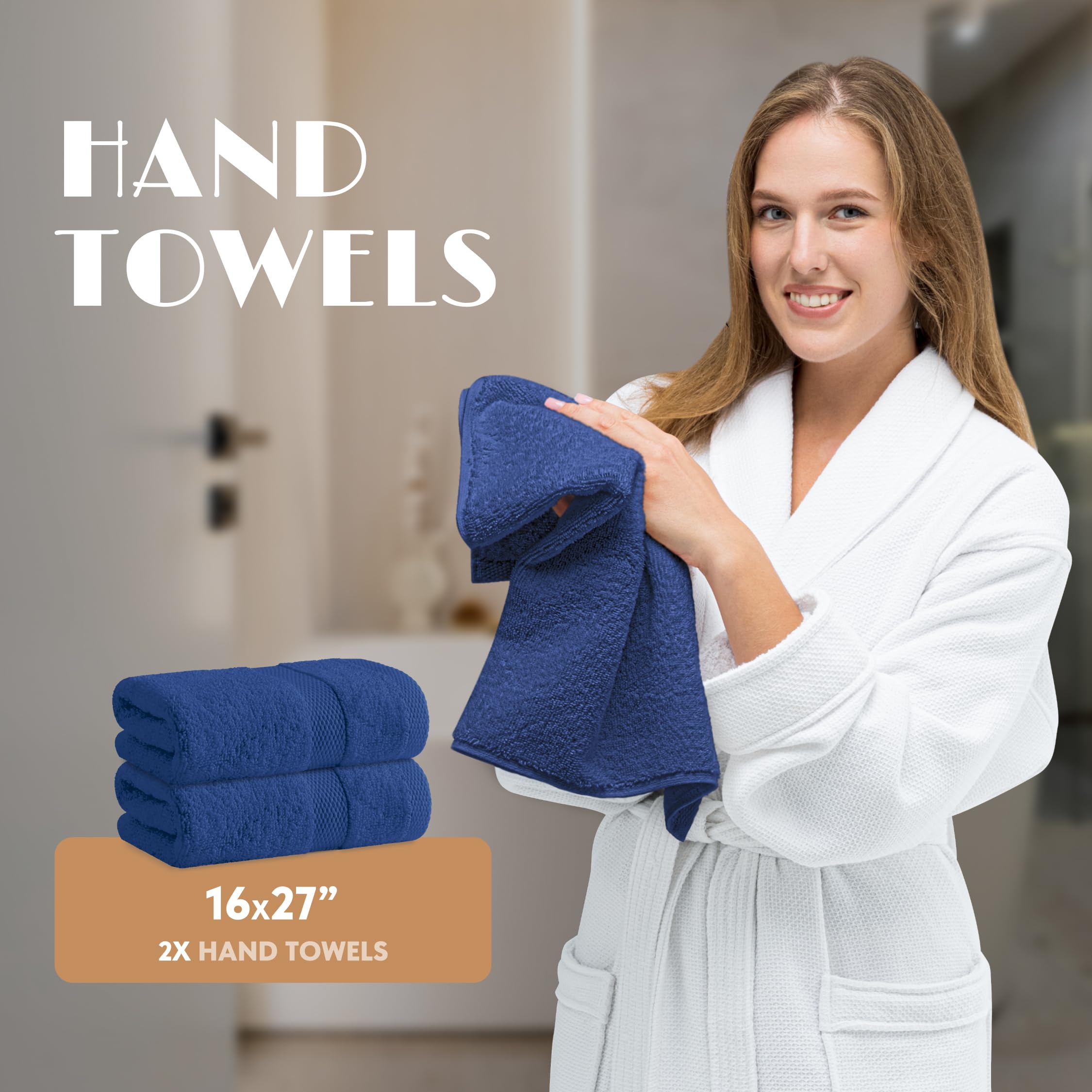 White Classic Navy Blue Bath Towel Set of 6 - 100% Cotton Highly Absorbent Towels for Bathroom, 2 Luxury Bath Towels 650GSM, 2 Hand Towels, 2 Washcloths