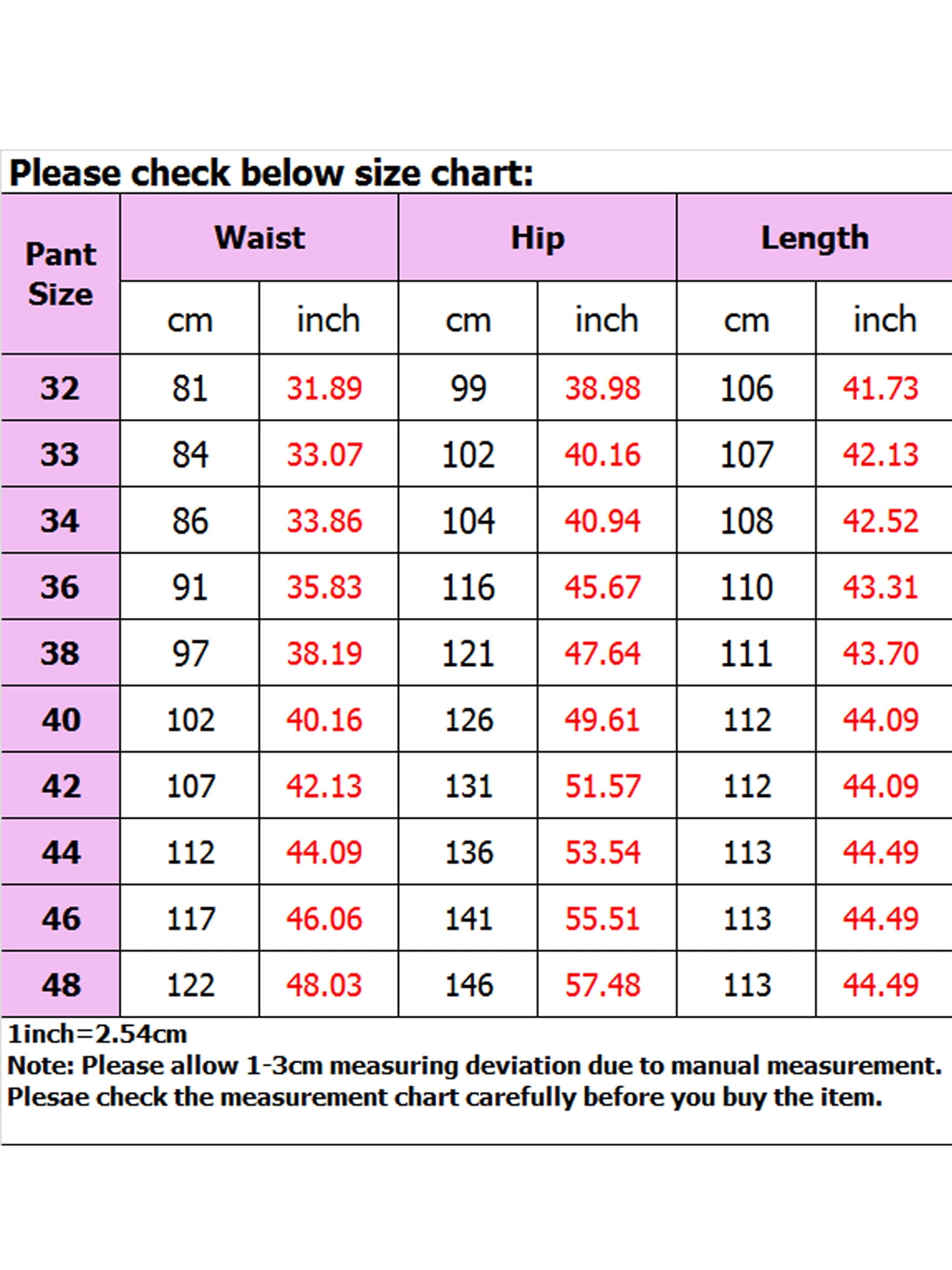 size 42 jeans in cm