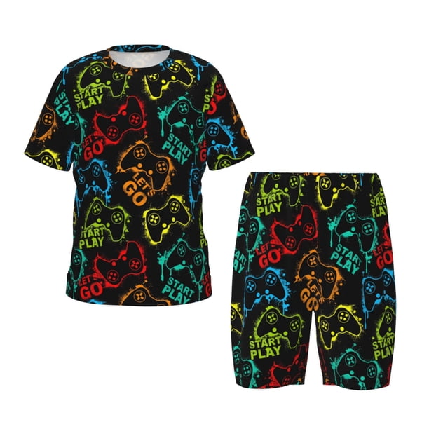 Fotbe Play Game Start Pijama Estampada de 2 Piezas para Niños – Ropa de Dormir de Manga Corta Cómoda para Niños y Niñas, Camiseta y Shorts de Algodón-X-Large