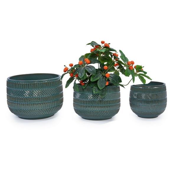 CQSXDA 3-Pack Antique Navy Blue Ceramic Planters, 14" 11" 9"Modern Indoor Outdoor Flower Pot w/Drainage