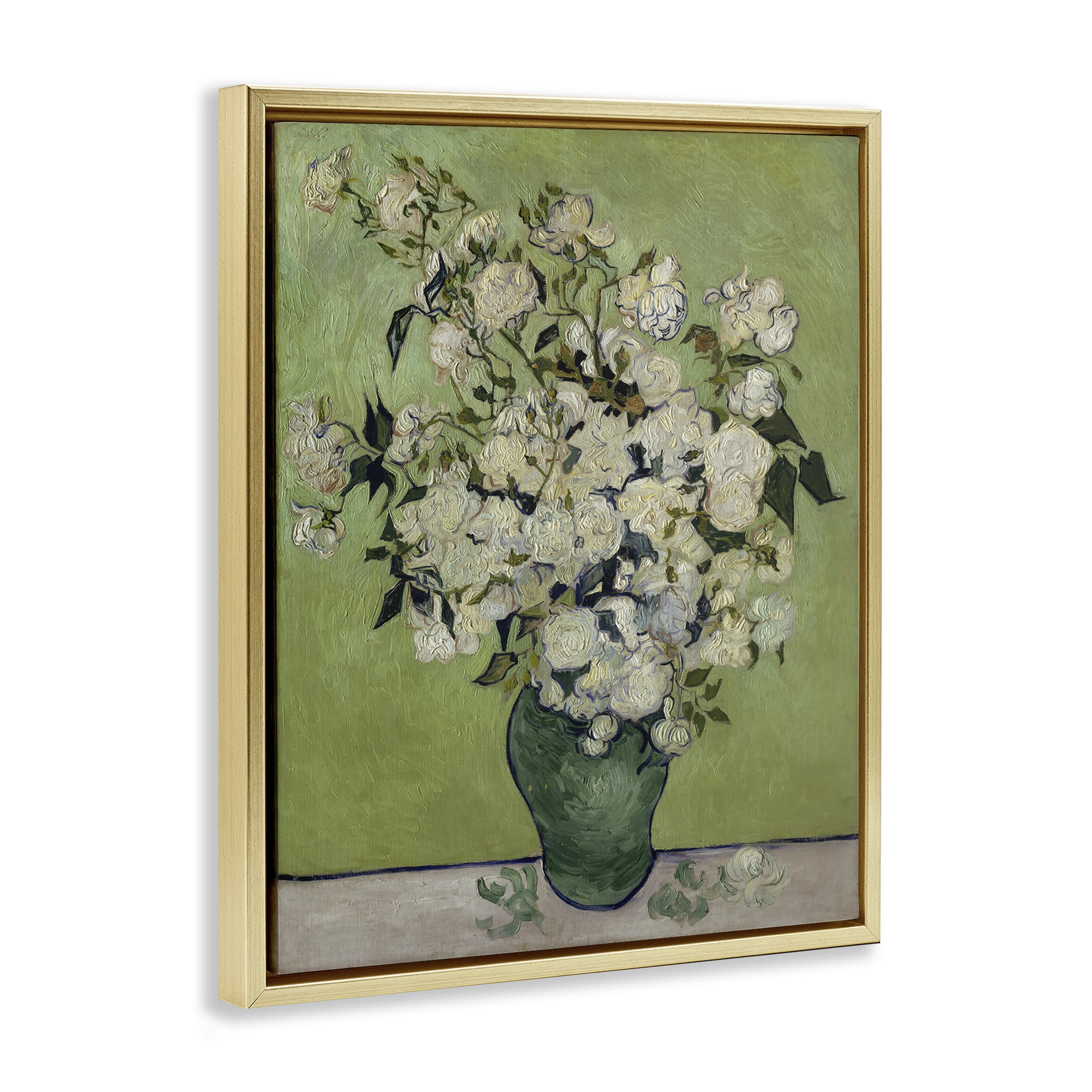 Stupell Industries Van Gogh Vase of Roses Plants & Flowers Painting Gold Floater Framed Canvas Art Print Wall Art, 17 x 21
