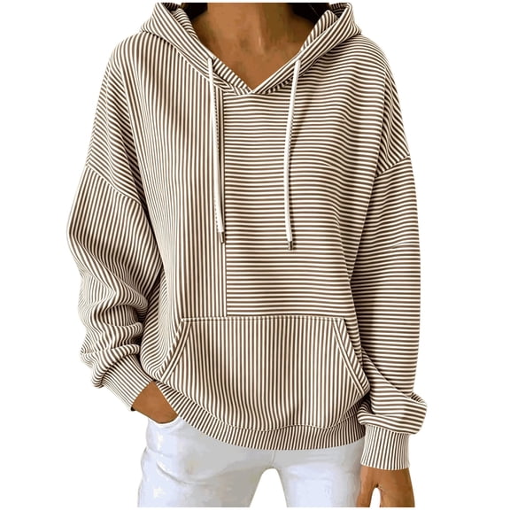 Edvintorg Lightweight Hoodies for Women Plus Size Fashion Striped Long Sleeve Loose Casual Sweatshirts with Pockets Womens Sweatshirt Brown M
